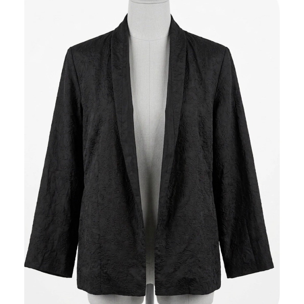 Eileen Fisher Black 100% Silk Embroidered Open Front Jacket Shawl Collar Small - Picture 1 of 12